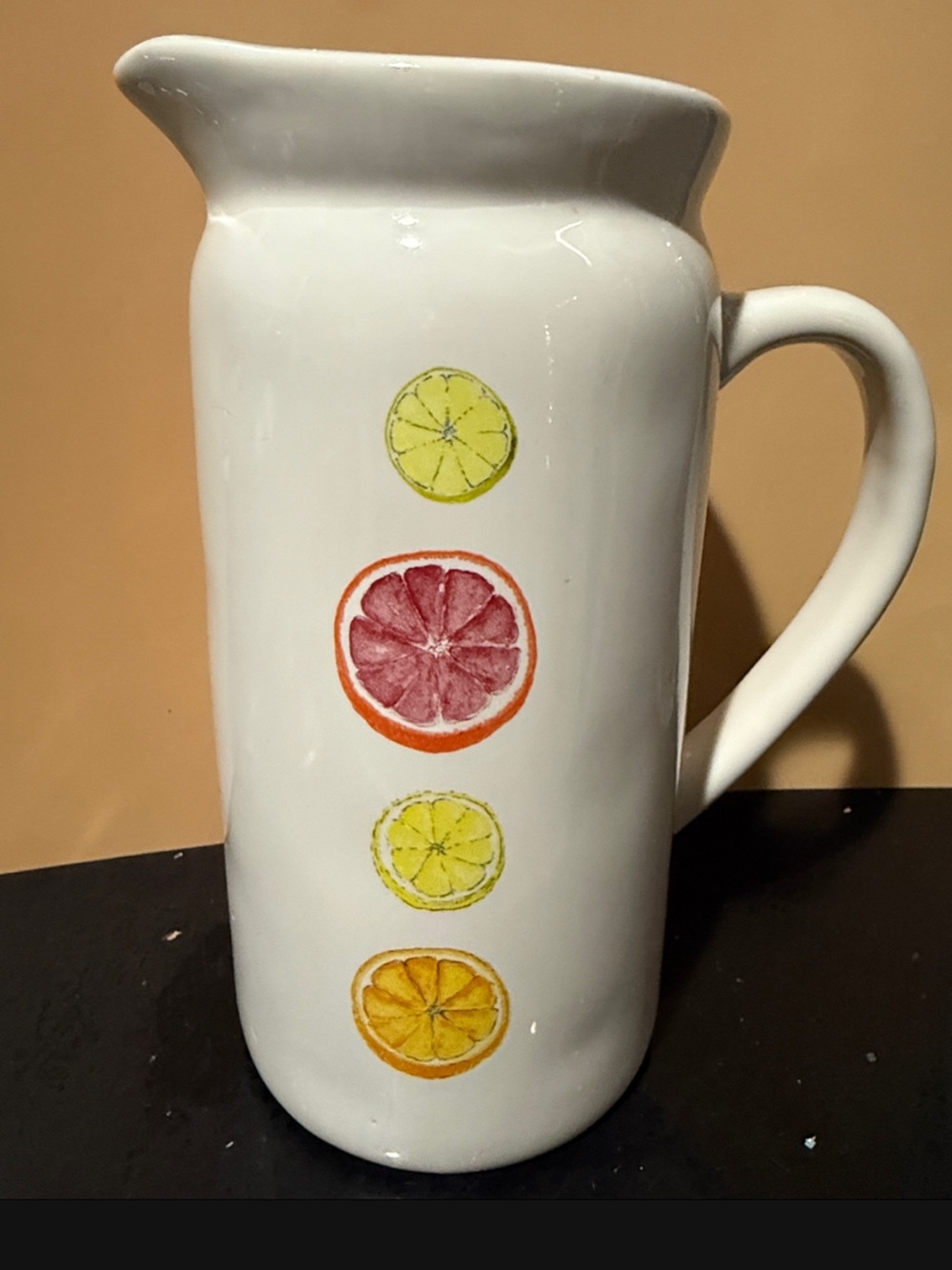 Rae Dunn White Ceramic Citrus Pitcher with Fruit Motif